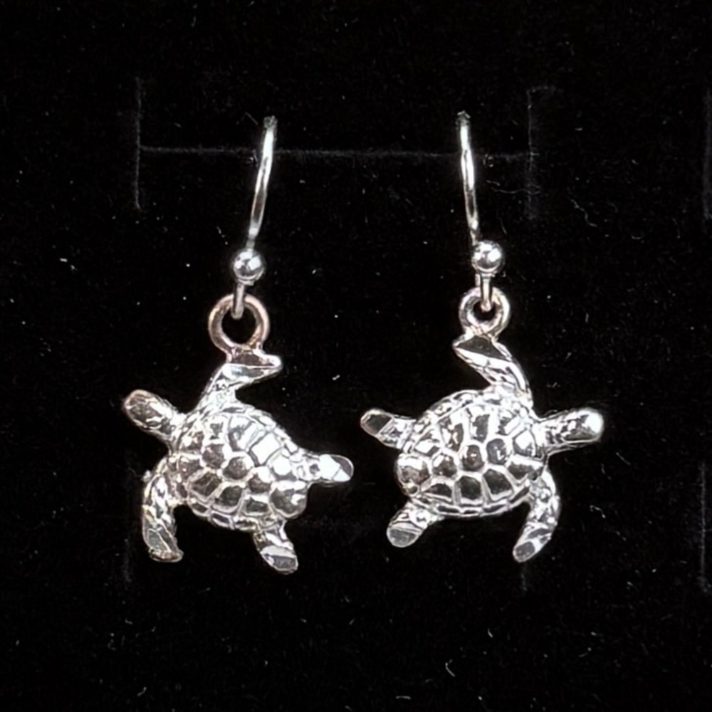Dainty Silvertone Turtle Dangle Pierced Earrings - image 3